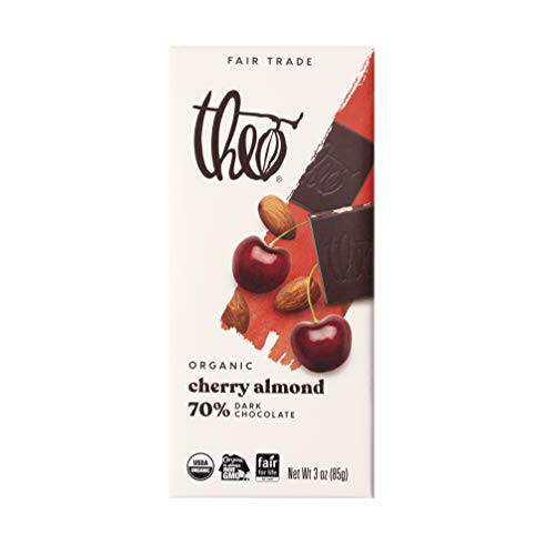 Theo Chocolate Cherry Almond Organic Dark Chocolate Bar, 70% Cacao, 12 Pack | Vegan, Fair Trade