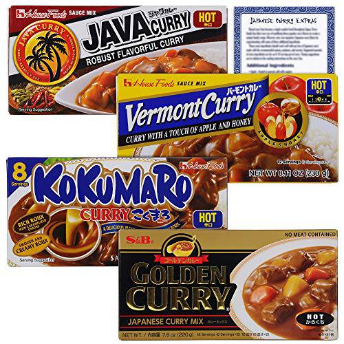 Japanese Curry Hot and Spicy Variety Pack | 1 Box Each - Vermont Curry, Golden Curry, Kokumaro Curry and Java Curry | 40 Servings Total | Bundled with Ballard Curry Recipe Card