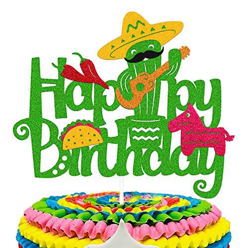 Ohiviaaa Fiesta Cake Topper Mexican Cactus Donkey Maraca Sombrero Guitar Taco Pepper Theme Happy Birthday Cake Decoration Handmade Green Glitter Birthday Party Décor