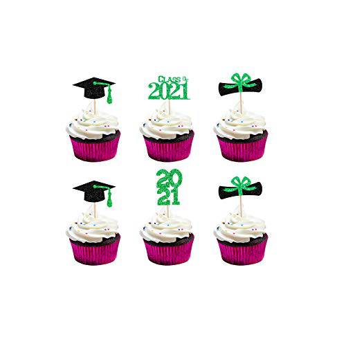 Graduation Cupcake Toppers 2022 Green Glitter Class Of 2022 Graduation Cupcake Toppers, 2022 Graduation Cupcake Food Picks for Graduation Decorations Party Cake Picks - 24 Pcs