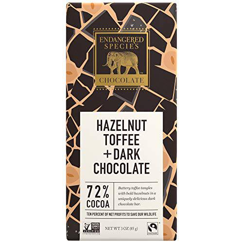 Endangered Species Chocolate Bars, Hazelnut Toffee Natural Rich Dark Chocolate, 72% Cocoa combined with premium tasty hazelnuts, Gluten Free, 3-Ounce Bars (Pack of 12)