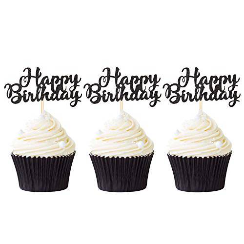 Pack of 24 Glitter Black Happy Birthday Cupcake Toppers Party Cake Food Picks