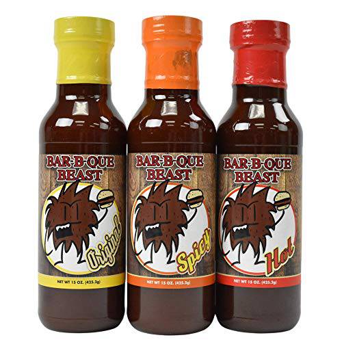 Bar-B-Que Beast BBQ Sauce , 3 Variety Pack , Flavors - Original, Spicy, Hot - 15oz ea - Award Winning Barbecue Sauce