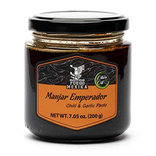 FUEGO MEXIKA® | Manjar Emperador - Gourmet Mexican Chili Paste-Salsa with Garlic, made with Blend of Chipotle, Morita, and Rojo de Árbol Chili Peppers roasted and bathed in Olive Oil - High Heat - Whole Ingredients only.