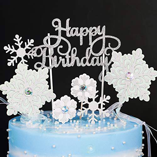 PartyWoo Frozen Cake Toppers, 7 pcs Snowflake Happy Birthday Cake Topper Set, Birthday Cake Topper, Frozen Party Decorations, Frozen Birthday Decorations, Frozen Cake Decorations for Birthday