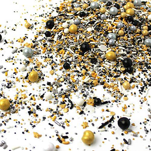 Meet Me At Midnight Sprinkles Mix| New Year’s Graduation Edible Cake Cupcake Cookie Decorations Sprinkles| Ice Cream Candy Sprinkles| Black Gold White Silver Stars Colorful Sprinkles,2oz