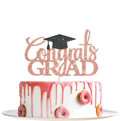 Rose Gold Glitter Congrats Grad Cake Topper - 2023 Graduation Decorations - High School Graduation, College Graduate Cake Topper