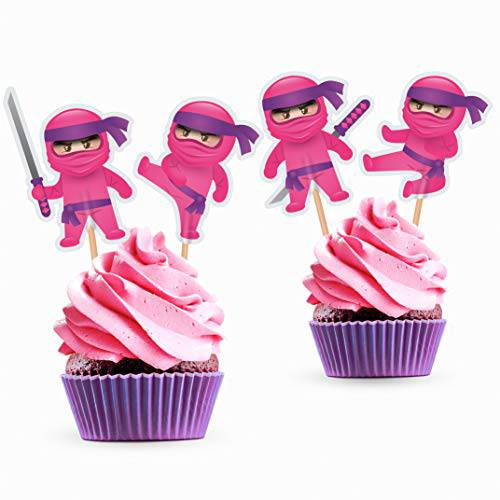 Girl Ninja Cupcake Toppers - Pink Ninja Birthday Party Decorations Supplies Karate Themed for Girls - 24 PCS