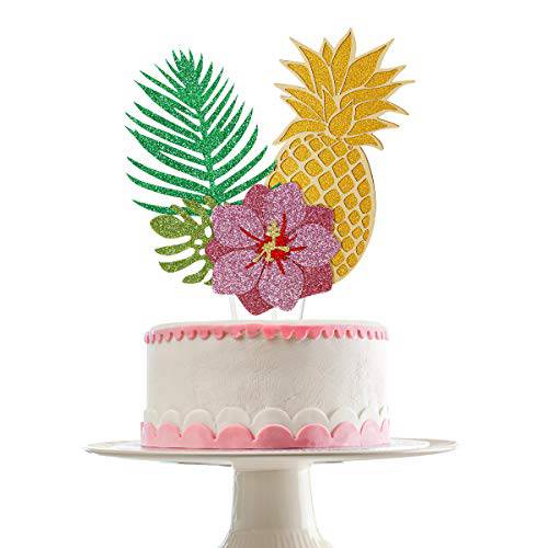 Hawaiian Cake Decorations - 3Pcs Glitter Pineapple Tropical Palm Leaves Hibiscus Flowers Cake Topper, Tropical Cake Decorations, Hawaiian Decorations,Tropical Birthday Party Decorations