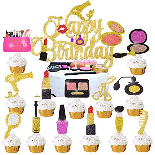 Spa Makeup Cake Cupcake Topper Decorations for Girls Women Happy Birthday Bridal Shower Spa Themed Party Bachelorette Salon 25Pcs Gold Glitter Cosmetics Cake Cupcake Toppers Supplies