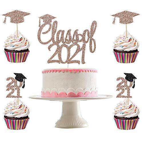 Class of 2022 Cake Topper Rose Gold Glitter and 24Pcs Graduation Cupcake Toppers 2022, Class of 2022 Graduation Cupcake Toppers Supplies, Graduation Cupcake Picks for Graduation Party Decorations 2022
