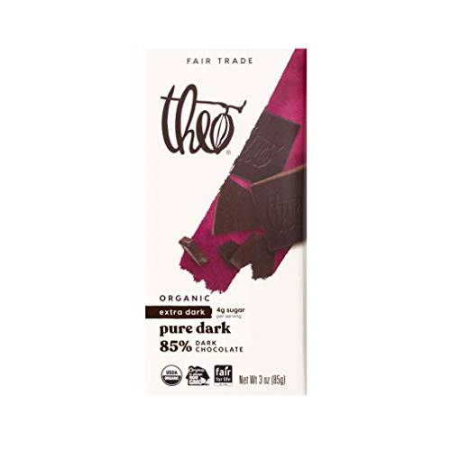 Theo Chocolate Pure Organic Dark Chocolate Bar, 85% Cacao, 1 Bar | Vegan, Fair Trade