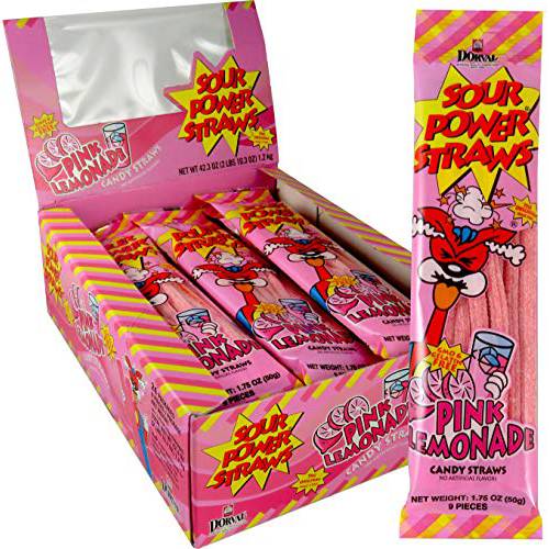 Sour Power Candy Straws, Pink Lemonade Straws, 1.75 Ounce - 24 Count (Pack of 1)