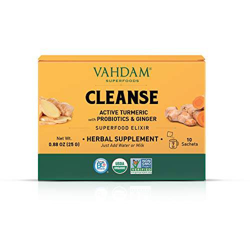 Organic CLEANSE INSTANT ELIXIR MIX - 10 Serves/1.8oz I Turmeric + Probiotics + Ginger + Mint