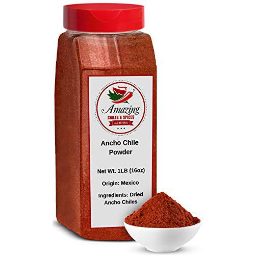 Ancho Chile Pepper Powder Ground 1 LB (16oz) – All Natural - Use For Recipes Like Mexican Mole, Sauces, Stews, Salsa, Meats, Enchiladas. Medium Heat -Sweet & Smoky Flavor. By Amazing Chiles & Spices