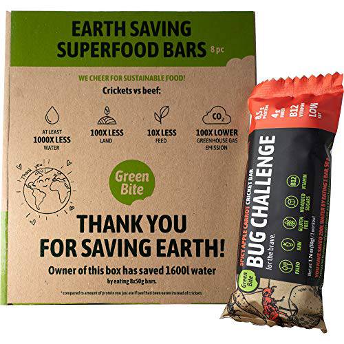 Bug Challenge Cricket Protein Bar - Spicy Apple Carrot flavored Tasty and Healthy Snack with crickets. Highly nutritious, low calories eco-friendly. Gluten Free, High fiber. 1.8oz (pack of 8)