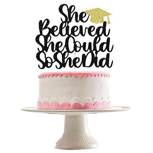 Graduation Cake Topper 2022- She Believed She Could So She Did Cake Topper Black Glitter, She Believed She Could So She Did Decorations,Graduation Party Supplies 2022 Black, Graduation Decorations for Girls