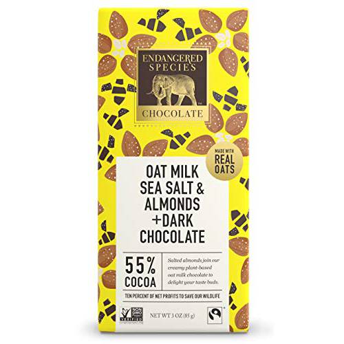 Endangered Species Chocolate Bee, 3 Oz. Bars, 55% Cocoa, Oat Milk With Dark Chocolate, Sea Salt & Almonds, Gluten Free, Fair Trade and Ethically Produced (Pack of 12)