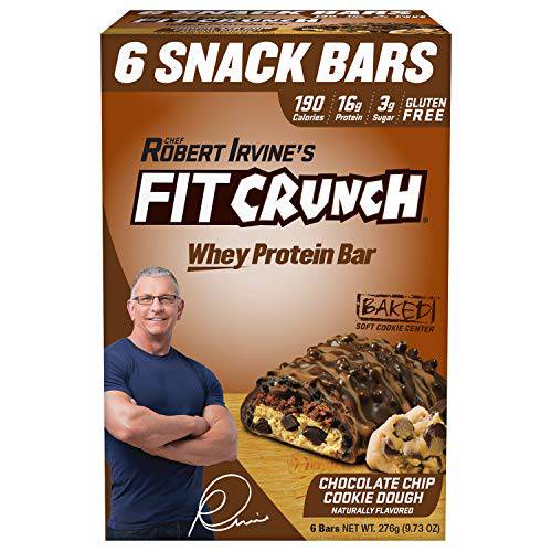 FITCRUNCH Snack Size Protein Bars, Designed by Robert Irvine, World’s Only 6-Layer Baked Bar, Just 3g of Sugar & Soft Cake Core (Chocolate Chip Cookie Dough)