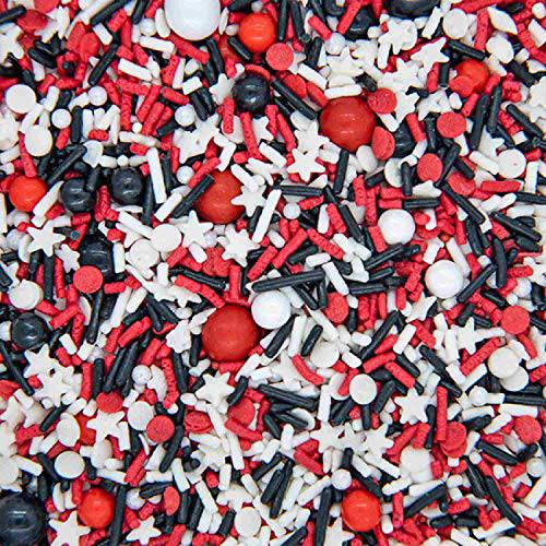 Red White and Black Sprinkles for Cake Decorating and Baking Cupcakes - Fancy Edible Red Sprinkles for Cookies with White Black Sprinkle Decorations in Jimmies, Nonpareils, Sugar Pearl with Star Quins