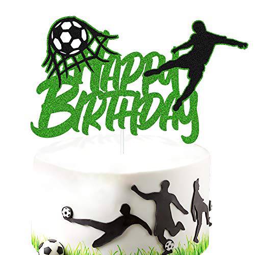 YOYMARR Soccer Cake Topper Happy Birthday Sign Cake Decorations for Soccer Ball Player Net Sport Football Themed Men Boy Birthday Party Supplies Green Glitter Décor Double Sided