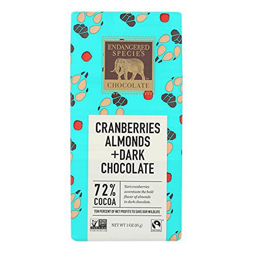 Endangered Species Chocolate Dark Chocolate with Cranberry and Almond Bar, 3 Ounce - 12 per case.