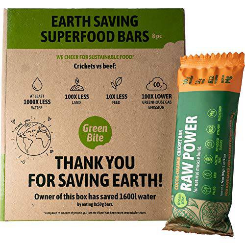 Raw Power Cricket Protein Bar - Cocoa-Orange-Cricket with No Added Sugar - High in Protein, Fiber, Magnesium and B12. Sustainable Gluten Free Paleo Low Calorie Snack. For Post Workout 8x1.8oz