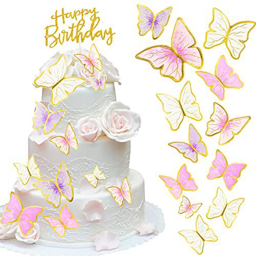 60 Pieces Butterfly Cake Toppers and 1 Piece Happy Birthday Cake Topper Butterfly Cupcake Toppers Butterfly Cake Decorations Birthday Party Cake Decorations for Girls Women Wedding Decoration