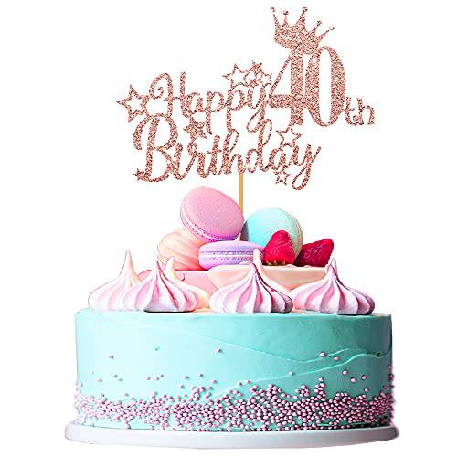 Ufocusmi 40th Birthday Decorations for Women, Glitter Rose Gold Happy 40th Birthday Cake Topper, 5.9x4.75 inch