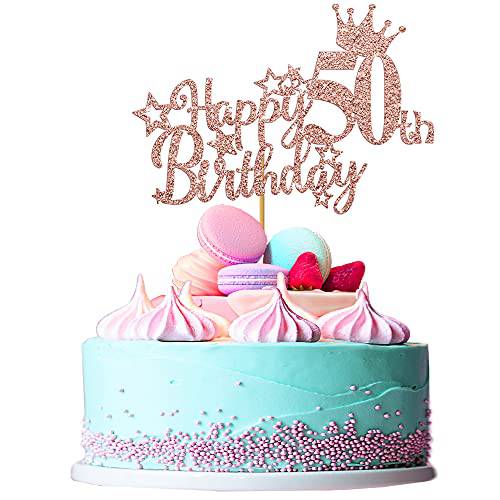 Ufocusmi 50th Birthday Decorations for Women, Glitter Rose Gold Happy 50th Birthday Cake Topper, 5.9x4.75 inch