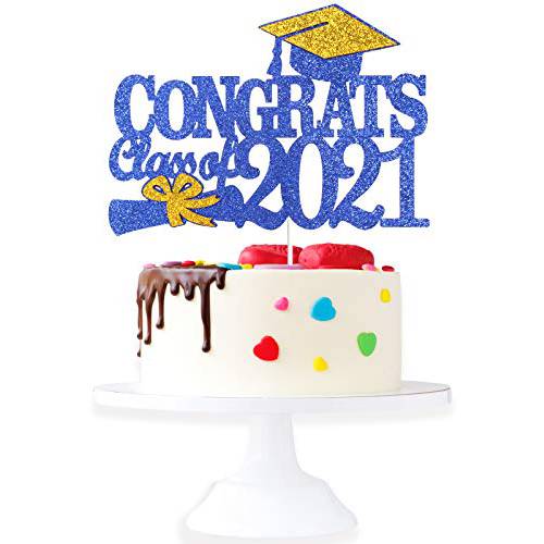 Congrats Class Of 2021-2022 Graduation Cake Topper - Grad Party Blue Glitter Grad Cap Diploma Cake Décor - Congratulations College Master Graduation Party Decoration