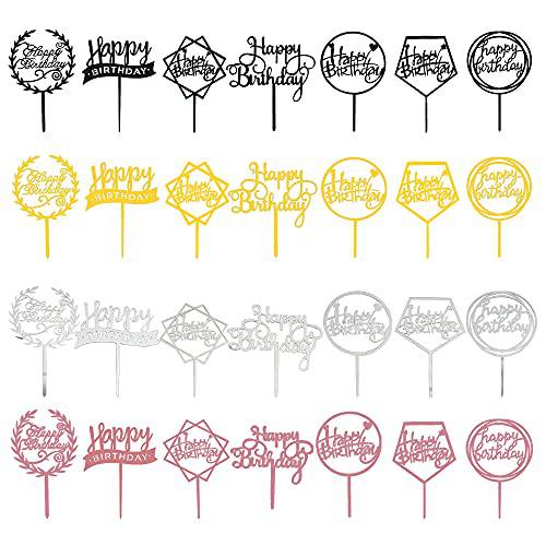 28 PCS Happy Birthday Cake Topper Acrylic Birthday Cupcake Topper Cake Pick Decorations for Birthday Party Cake Desserts Pastries 7 Styles 4 Colors