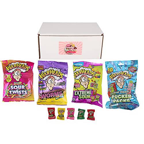 Warheads Candy Variety Pack of 4 (Pucker Packs, Sour Twists, Worms, & Extreme) (1 of each, total of 4) + Free 5 Warheads