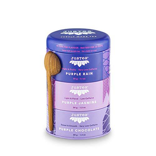 JusTea Purple Tea Trio | Stacking Tins Variety Pack with Hand Carved Tea Spoon | Loose Leaf Tea | Very Low Caffeine | Award-Winning | Fair Trade | Non-GMO