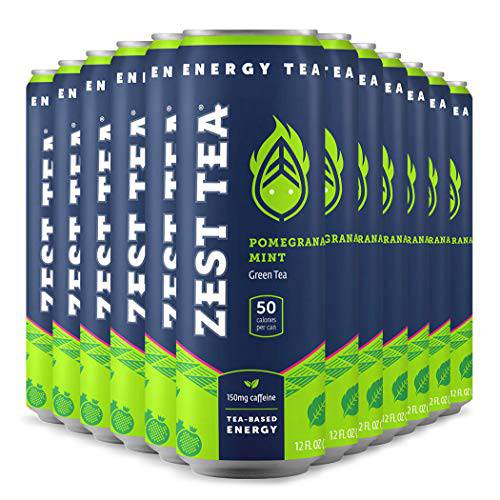 Zest Plant Powered Natural Energy Sparkling Drink - Pomegranate Mint - 150mg Caffeine + 100 mg L-Theanine - 12oz Can 12 Pack - Low Sugar, 60 Cals, Healthy Coffee Substitute, Non GMO High Caff Blend