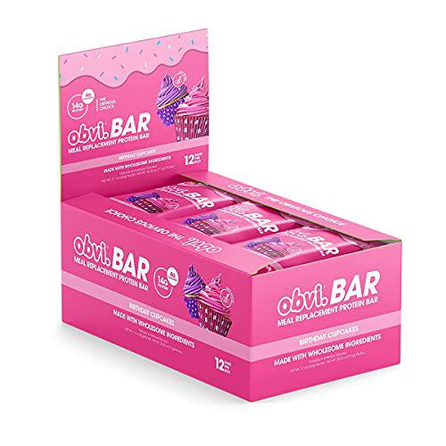 Obvi Bar, Meal Replacement Protein Bar, Made With Wholesome Ingredients, Collagen & Protein Packed Snack Bar, Essential Nutrients On The Go (12 Bars, Birthday Cupcakes)