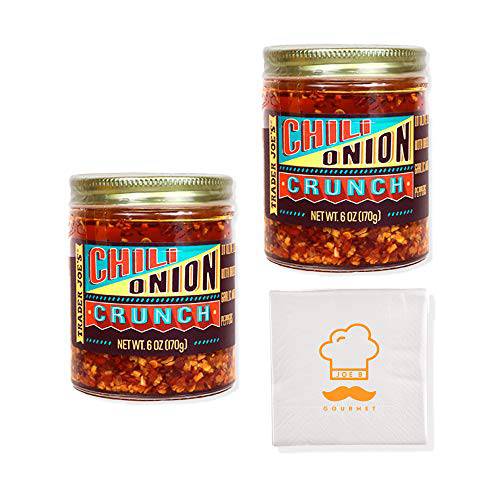Trader Joe hs Chili Onion Crunch - Pack of 2 kit with JoeB Gourmet recipe card and napkins, this all natural spicy chili Medium