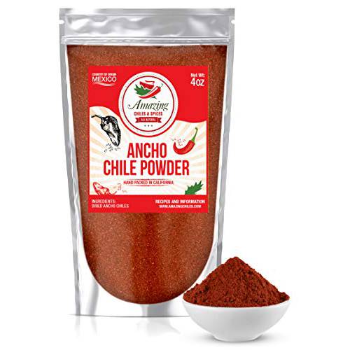 Ancho Chile Pepper Powder Ground (4oz) – Natural and Premium. Great For Recipes Like Mexican Mole, Sauces, Stews, Salsa, Meats, Enchiladas. Mild to Medium Heat, Sweet & Smoky Flavor.