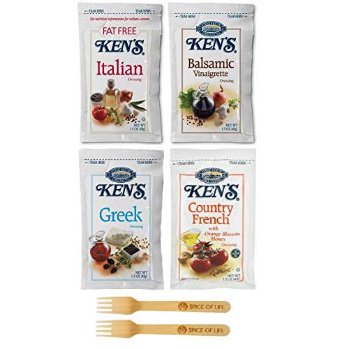 Ken’s Steak House Salad Dressing, Fat Free Italian, Balsamic Vinaigrette, Greek, and Country French, 1.5 Ounce (Pack of 24) - Packed in Make Your Day Box with Two Sporks