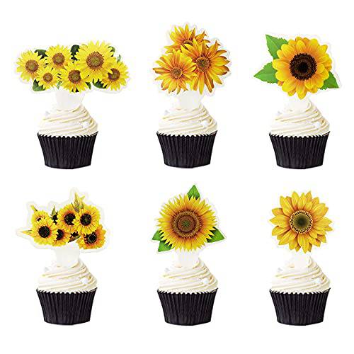 48PCS Sunflower Cupcake Topper Sunflower Cake Toppers Picks Set for Sunflower Themed Birthday Party Decoration Supplies
