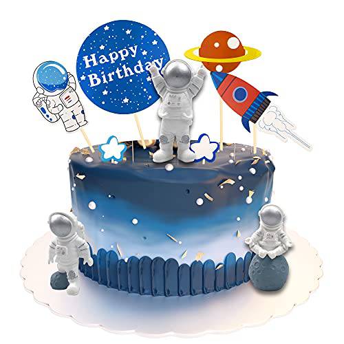 21PCS Outer Space Cake Topper Astronaut Action Figurine Rocket Planet Cake Cupcake Topper for Space Themed Birthday Party Decoration Supplies