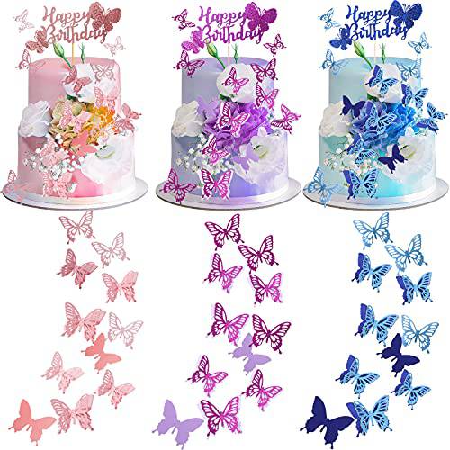 123 Pieces Butterfly Birthday Cake Topper Set Glitter Hollow Butterfly Cupcake Topper Double-Layer Butterfly Cake Topper Rose Gold Blue Purple Butterfly Dessert Decors for Birthday Wedding Celebration