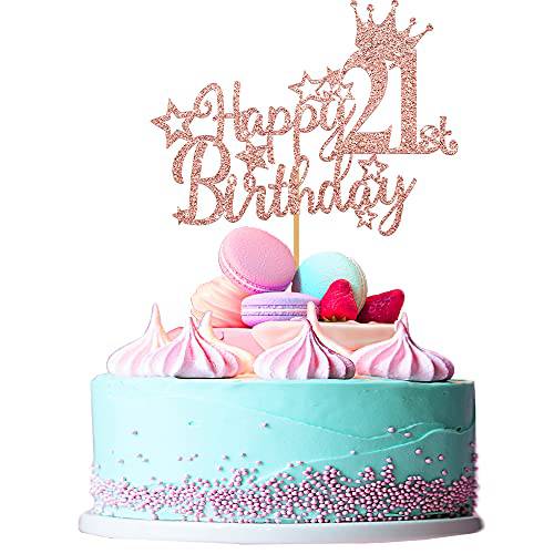 Ufocusmi 21st Birthday Decorations for Women, Glitter Rose Gold Happy 21st Birthday Cake Topper, 5.9x4.75 inch