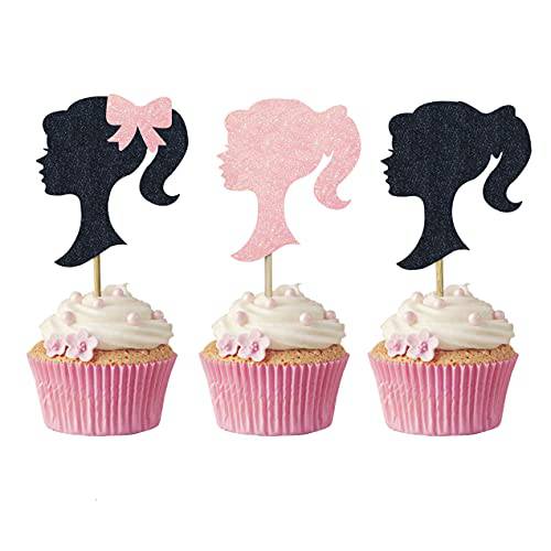 24Pcs Pink and Black Girl Cupcake Toppers Picks for Wedding Birthday Party Decoration Supplies