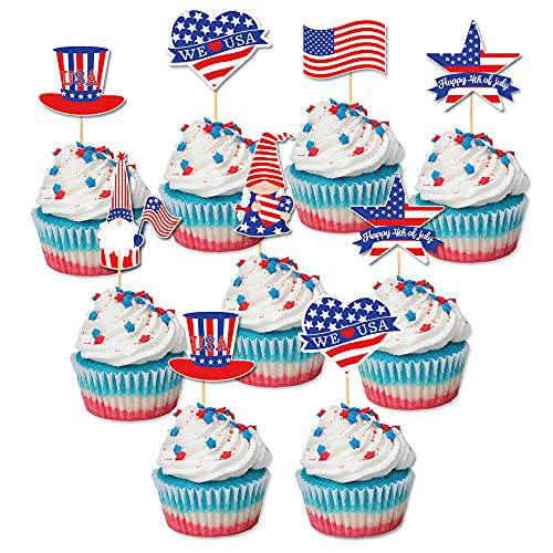 24Pcs 4th of July Cupcake Toppers - Patriotic Gnome American Flag Food Fruit Picks for Fourth of July Birthday Party Cake Decoration, Dessert Décor