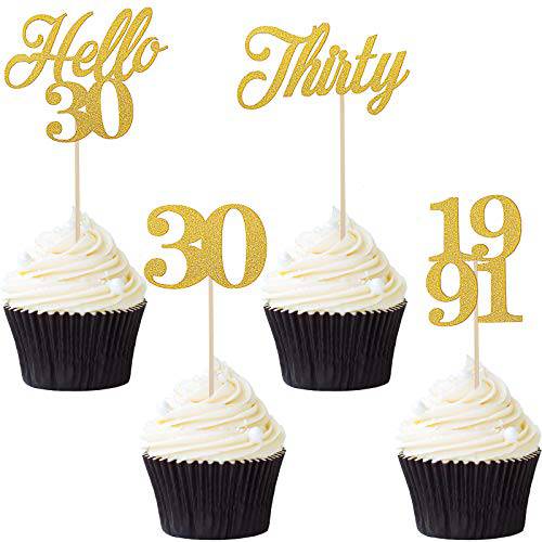 48 Pieces Gold Glitter 30th Birthday Cupcake Toppers Thirty Anniversary Party Cake Toppers Hello 30 Birthday Cake Decorations for 30th Anniversary Birthday Party Wedding Decorations