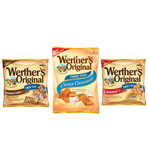 Werther’s Sugar Free Candy Variety Pack with Classic Caramel Flavored Hard and Chewy Candies Paired with Caramel Coffee, Sugarless Gift Basket Stuffer, Set of 3