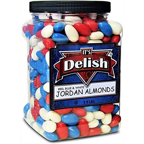 Patriotic Jordan Almonds Medley by Its Delish, 3.5 lbs Jumbo Container | Red White and Blue Candied Almonds | Fourth of July Party Decorations US Flag Colors - Bulk Vegan & Kosher Candy | Made in USA