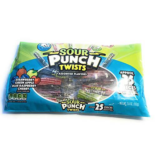 (1) 3.6 oz Bag Sour Punch Twists Approximately 25 Pieces Per Bag (Strawberry, Green Apple, Blue Raspberry and Cherry Flavors)