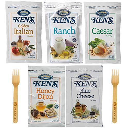 Ken’s Steakhouse Salad Dressing, Golden Italian, Ranch, Caesar, Honey Dijon, and Blue Cheese, 1.5 Ounce Packets (Pack of 25) - Packed in MYD Box with Two Sporks